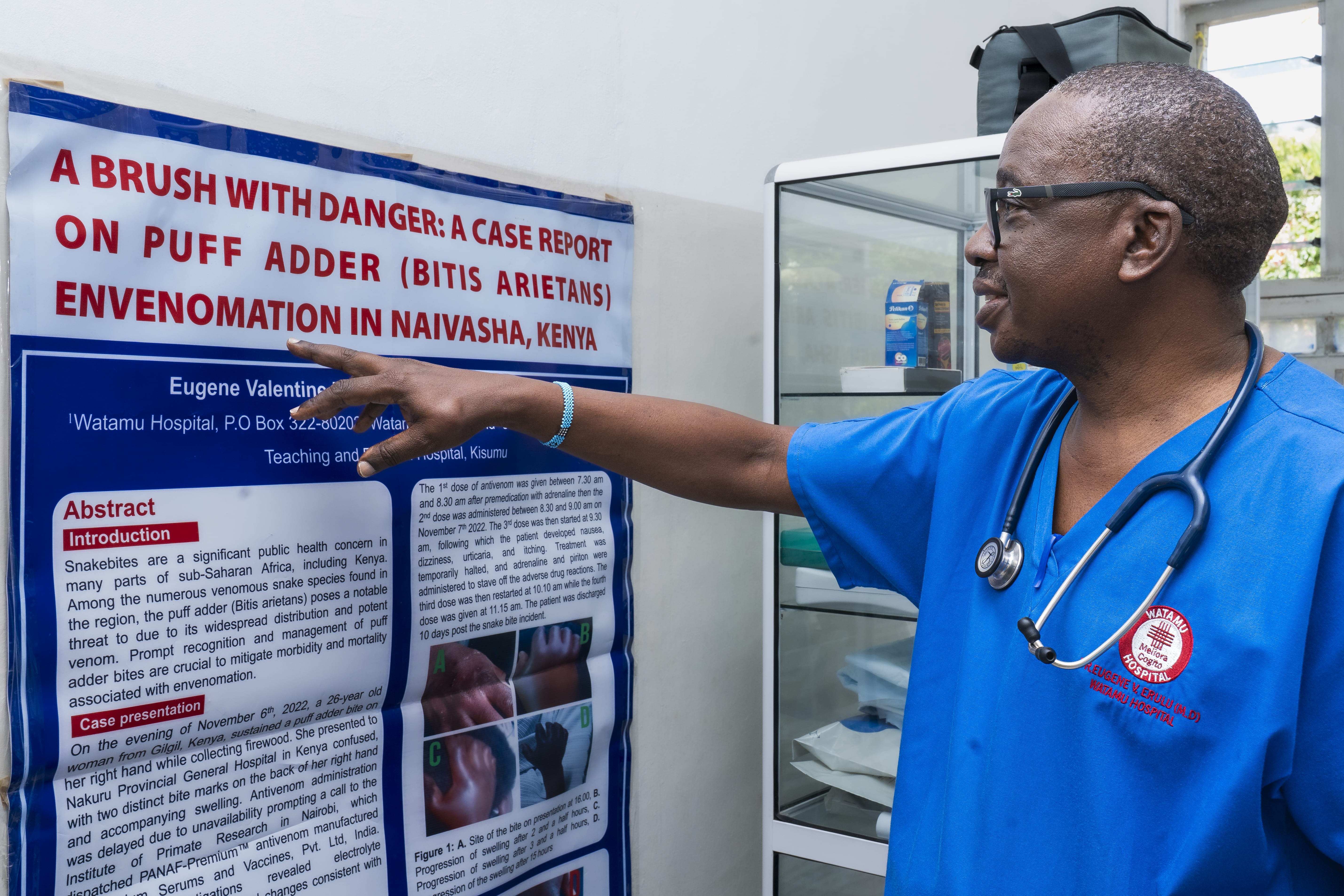 Dr. Eugene Erulu, Medical Doctor and Snakebite Specialist, Watamu Hospital, Watamu, Kenya, reviews a close-up of a letter highlighting the challenges of snakebite management. In Kenya, like other African countries, snakebite remains a neglected disease disproportionately affecting the rural poor, and Dr. Erulu emphasises the urgent need for government action in education and treatment.
