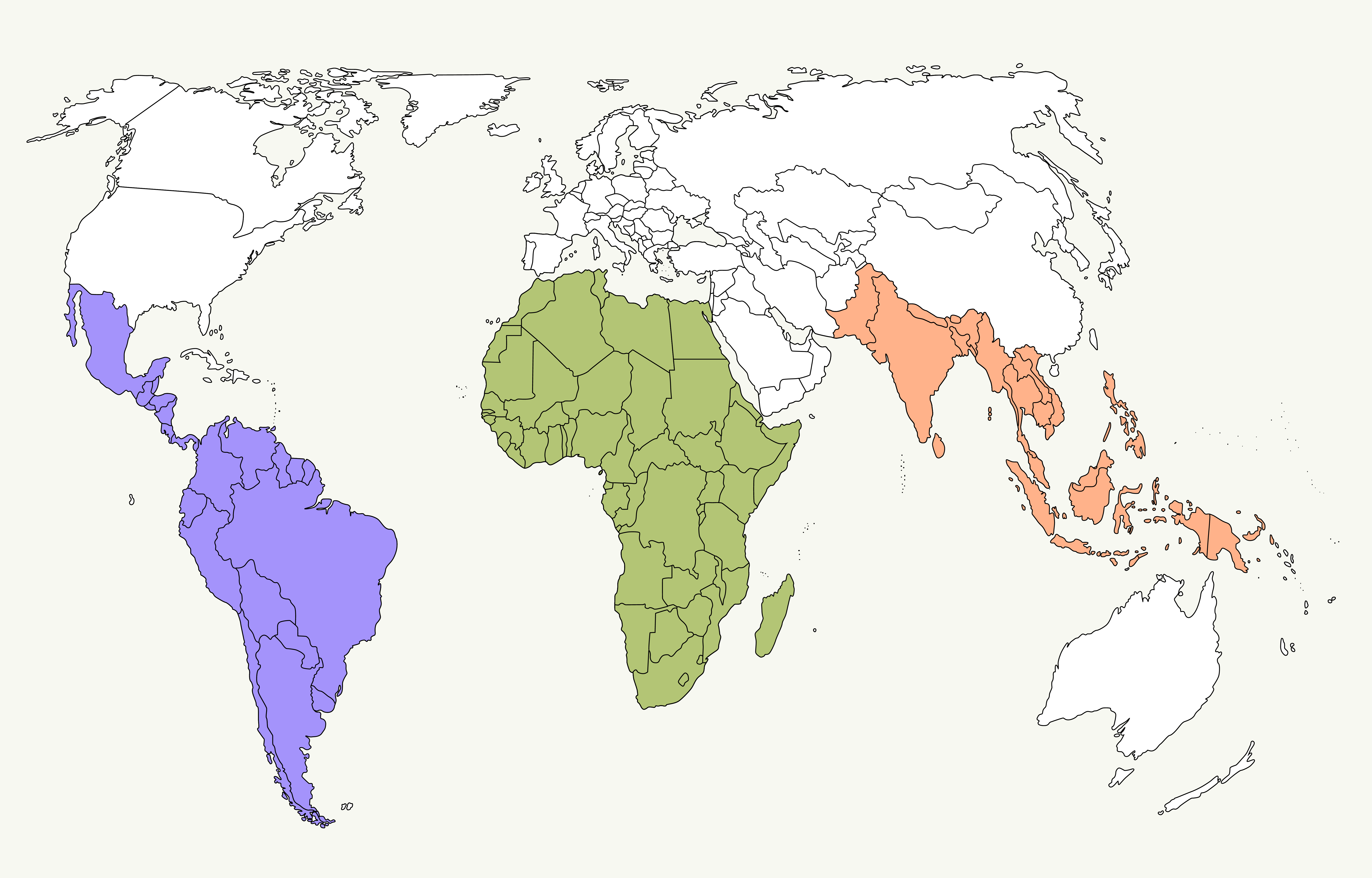A world map outline highlighting three distinct geographic regions. The purple shading covers Latin America, stretching from Mexico through Central America and the entirety of South America. The green shading covers the entire continent of Africa, including Madagascar. The orange shading highlights South and Southeast Asia, spanning from Pakistan and India through the Indochinese Peninsula, the Philippines, and the Indonesian archipelago down to Papua New Guinea.